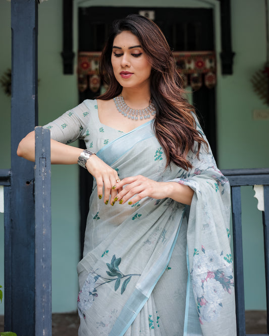 Elegant Light Slate Blue Floral Print Linen Cotton Saree