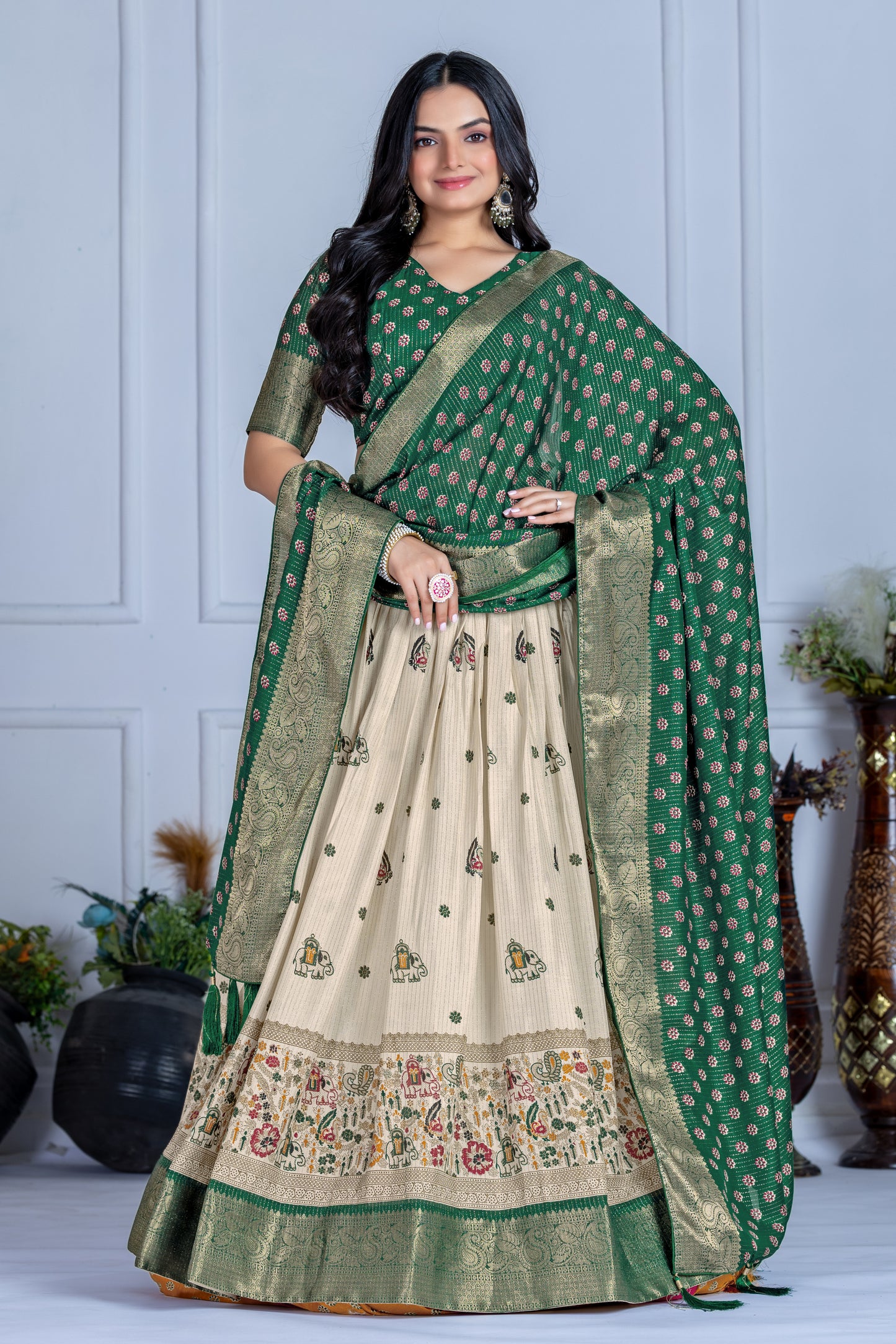 Premium Lichi Silk Jacquard Lehenga Set – Heavy Flair | Designer Blouse & Dupatta |