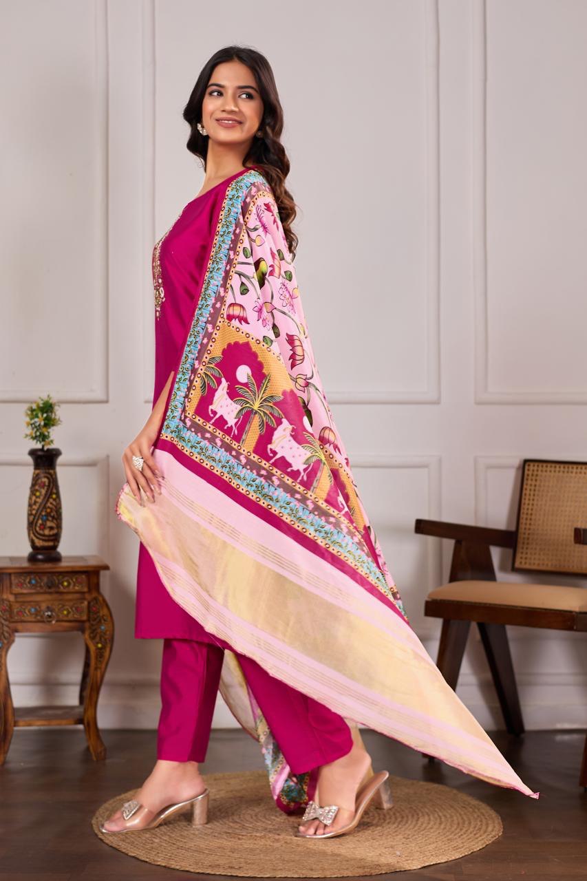 Pichwai Print Chanderi Silk Suit Set – Fuchsia Color | Hand Embroidered Kurti With Art Silk Dupatta
