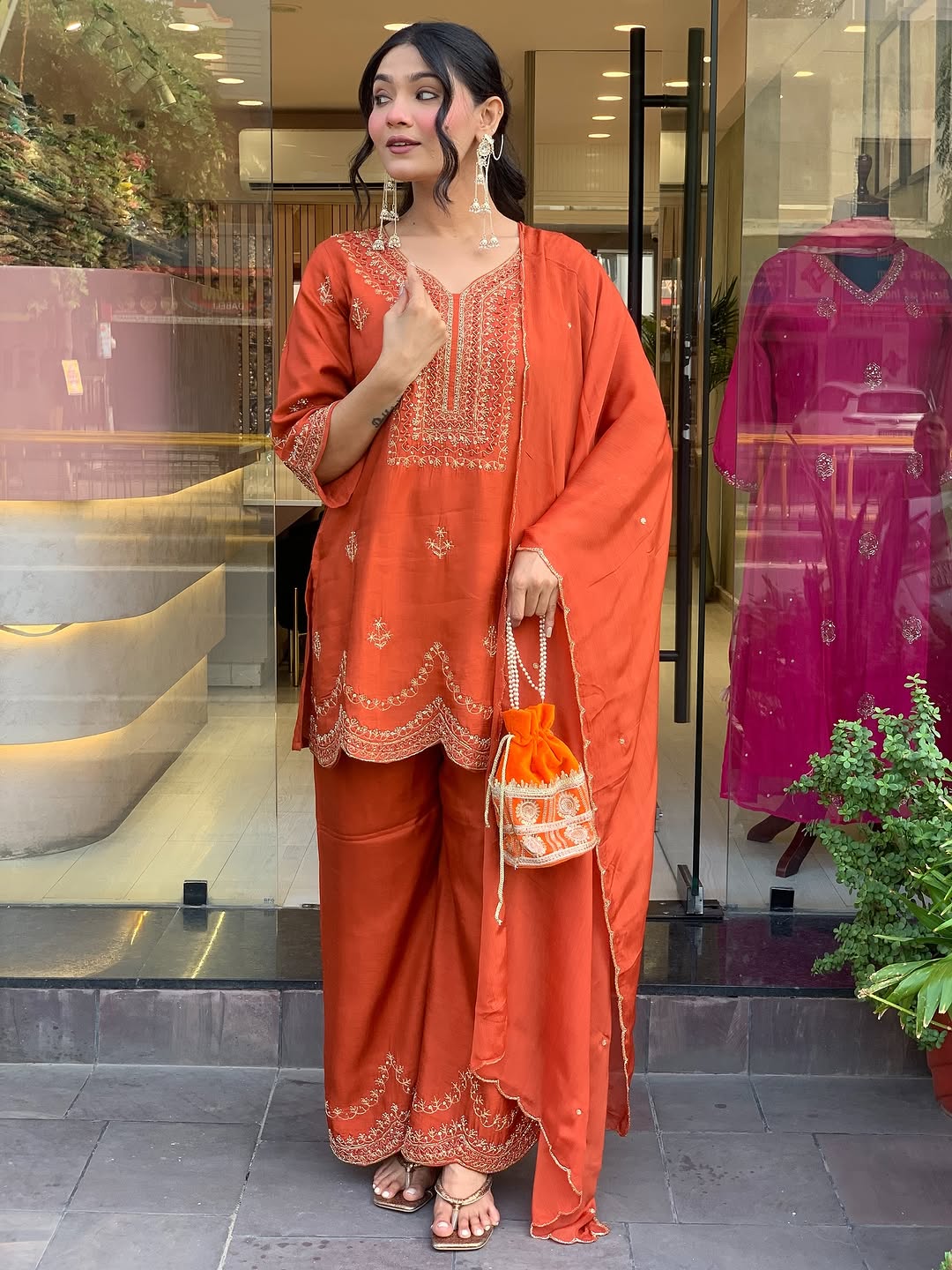 Premium Roman Silk Embroidered Kurti & Pant Set (With Chanderi Dupatta)