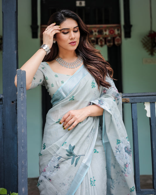 Elegant Light Slate Blue Floral Print Linen Cotton Saree