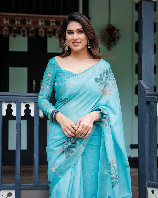 Vibrant Aqua Blue Floral Print Linen Cotton Saree