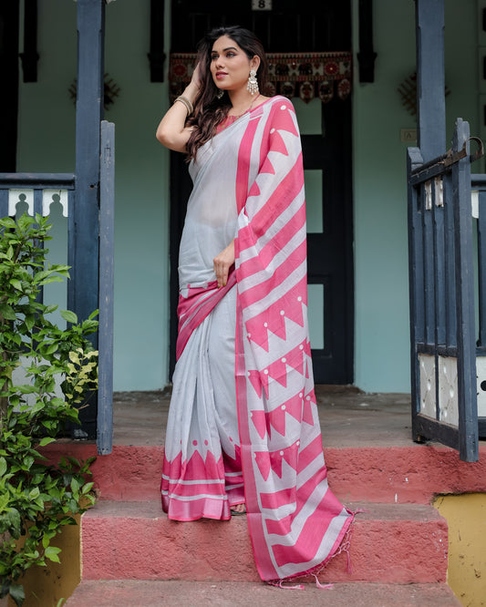 White & Hot Pink Linen Cotton Saree | Modern Geometric Print | Lightweight & Elegant