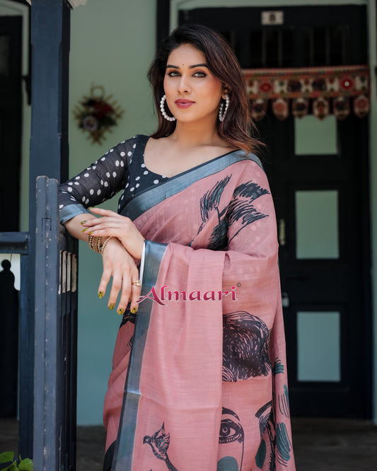 Artistic Dusty Rose Linen Cotton Saree with Contemporary Bird Print