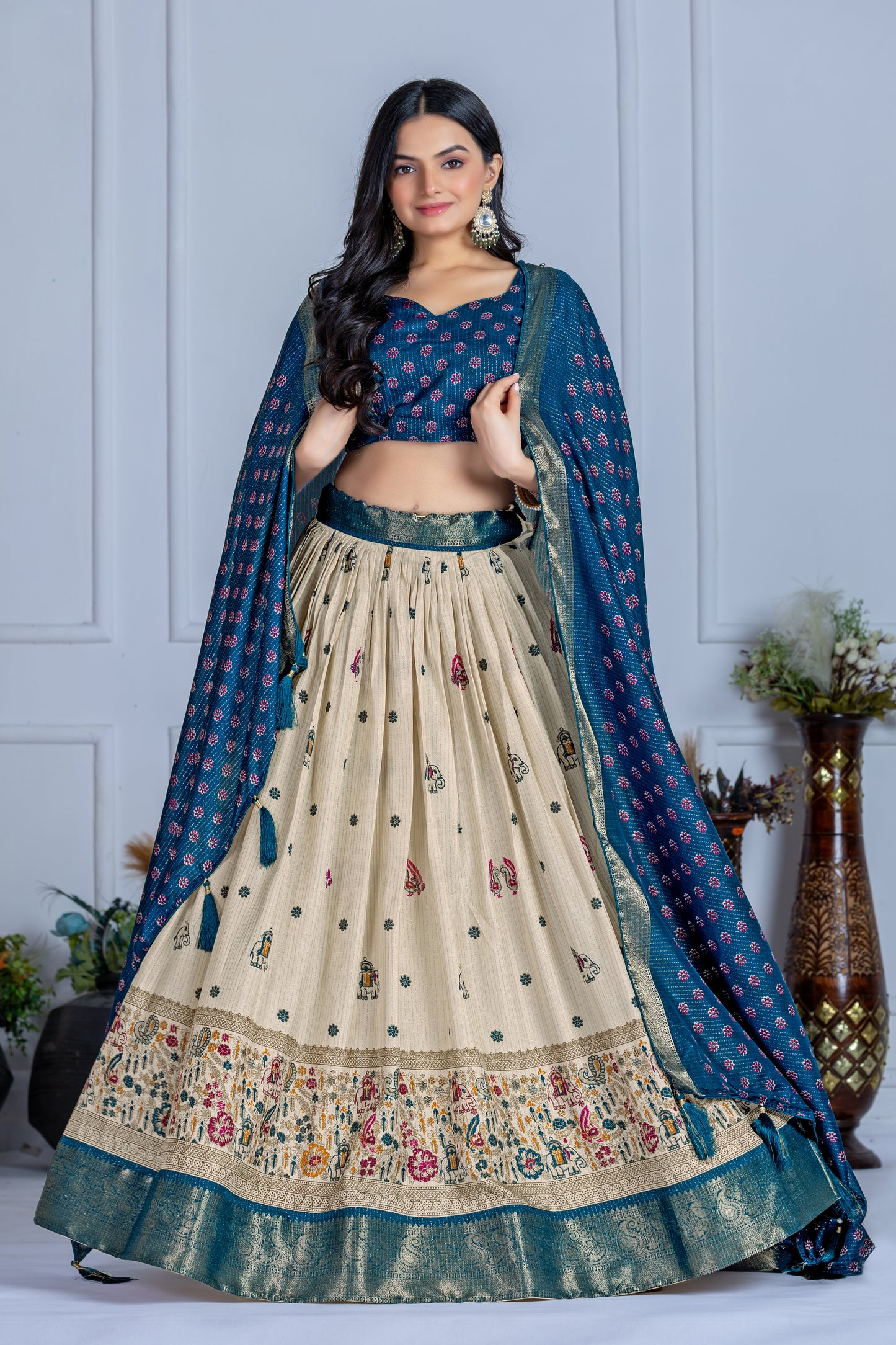 Premium Lichi Silk Jacquard Lehenga Set – Heavy Flair | Designer Blouse & Dupatta |