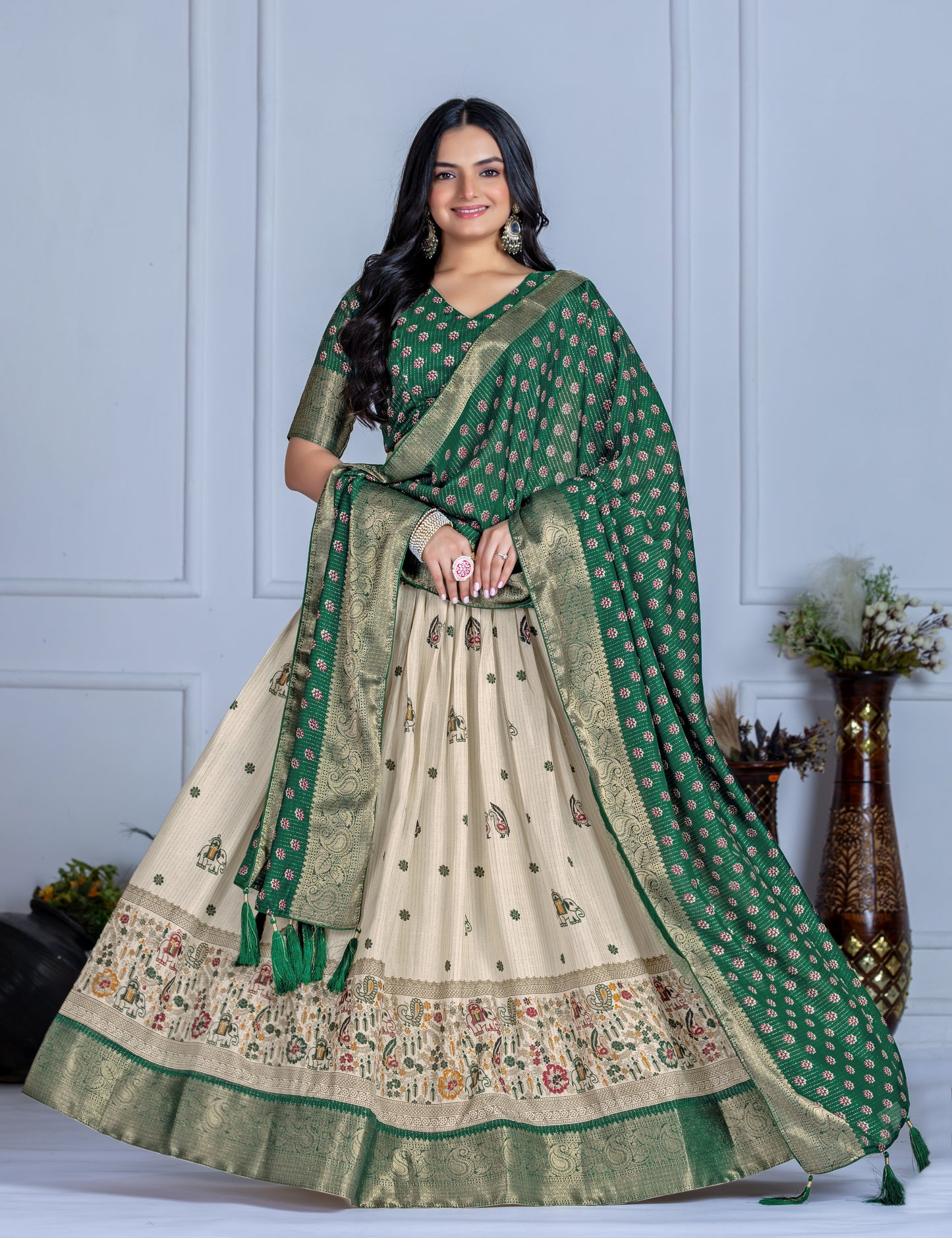 Premium Lichi Silk Jacquard Lehenga Set – Heavy Flair | Designer Blouse & Dupatta |