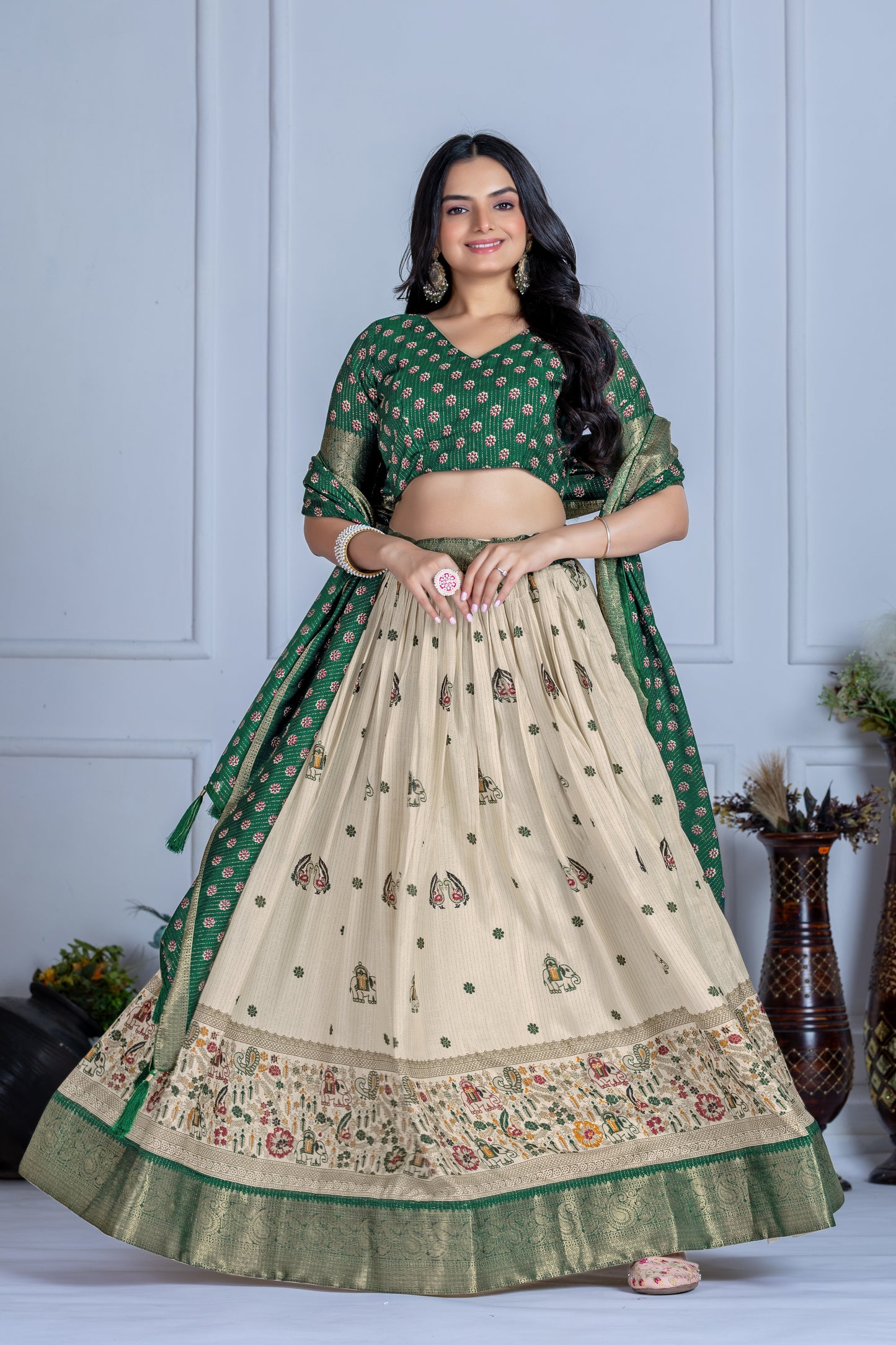 Premium Lichi Silk Jacquard Lehenga Set – Heavy Flair | Designer Blouse & Dupatta |