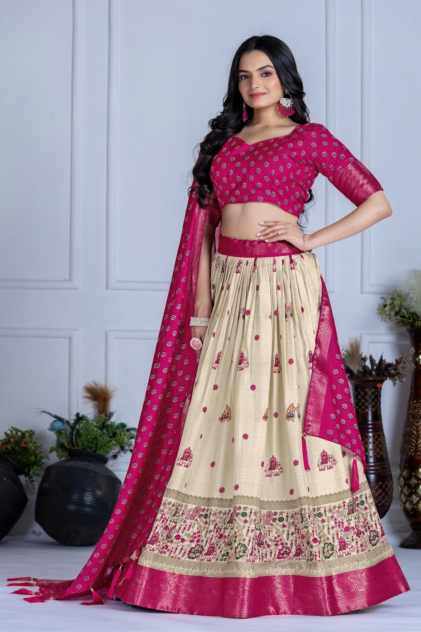 Premium Lichi Silk Jacquard Lehenga Set – Heavy Flair | Designer Blouse & Dupatta |