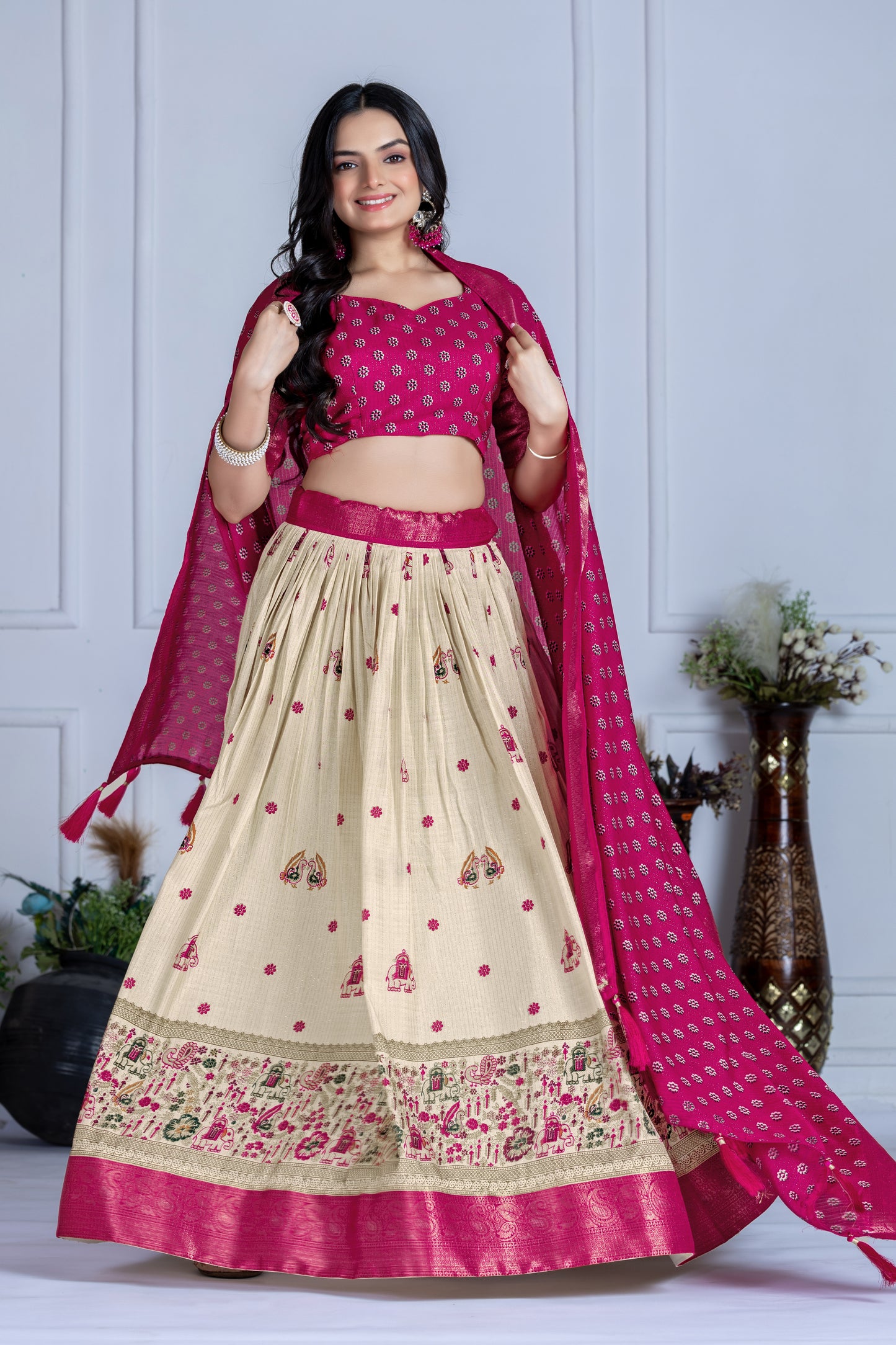 Premium Lichi Silk Jacquard Lehenga Set – Heavy Flair | Designer Blouse & Dupatta |