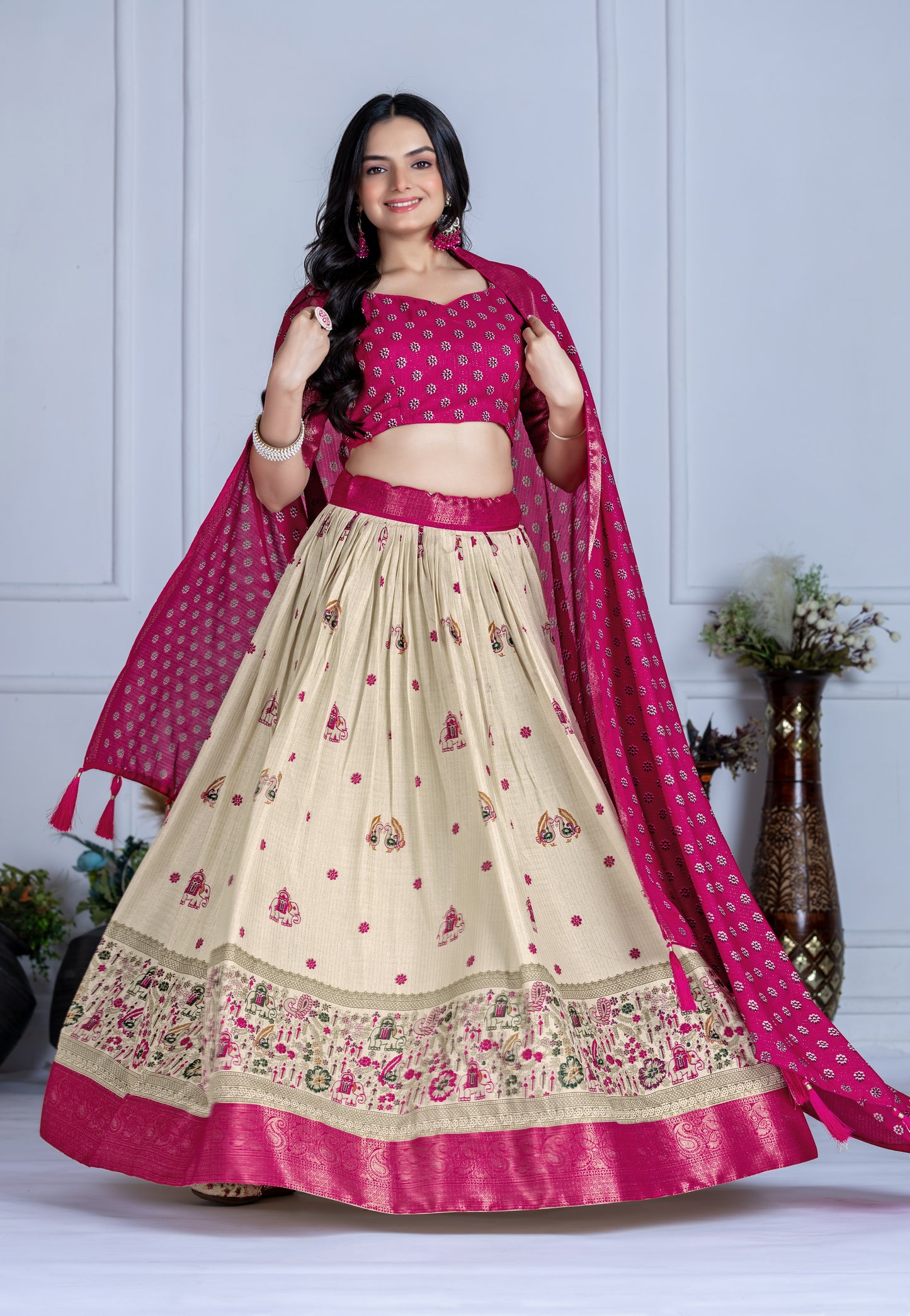 Premium Lichi Silk Jacquard Lehenga Set – Heavy Flair | Designer Blouse & Dupatta |