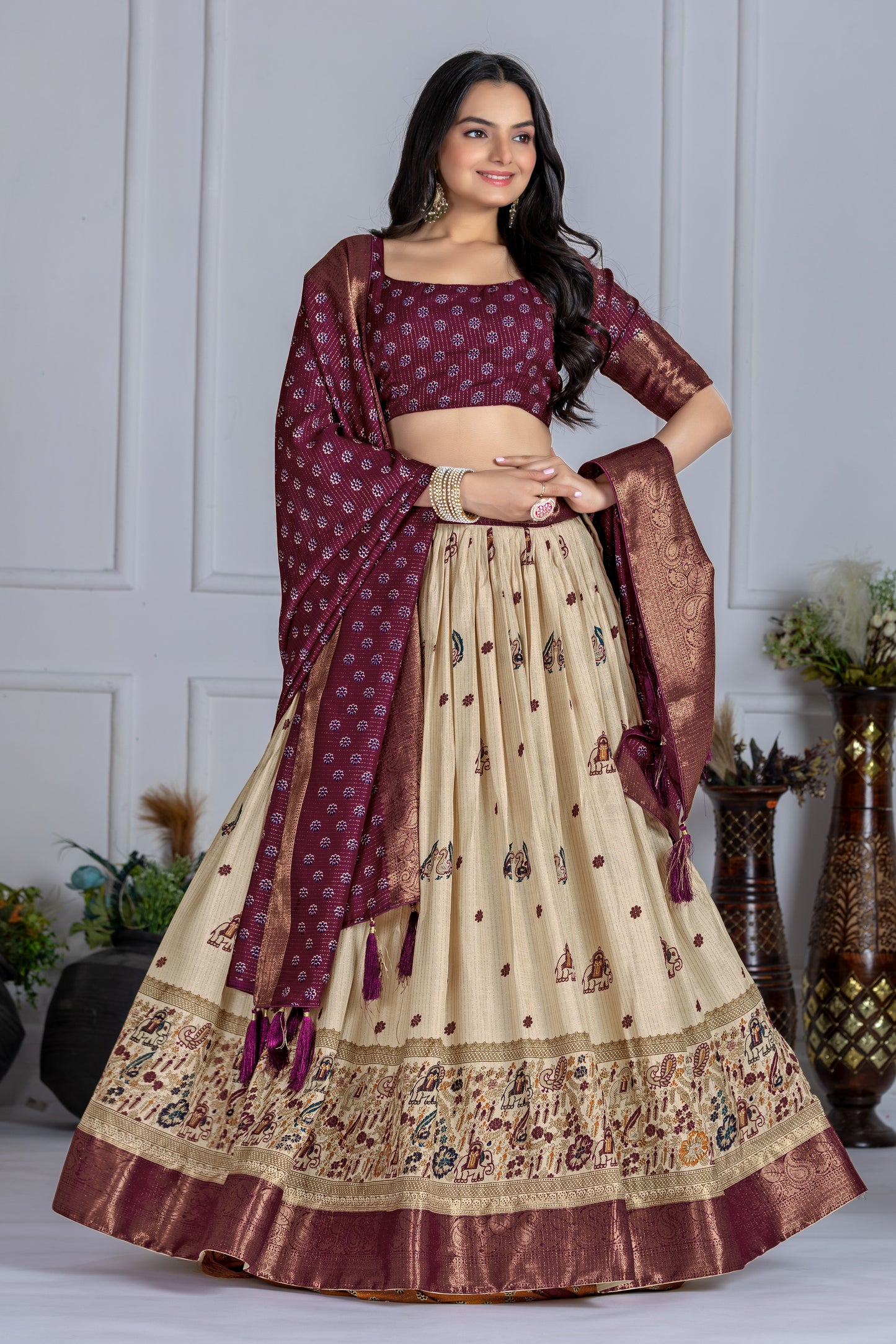 Premium Lichi Silk Jacquard Lehenga Set – Heavy Flair | Designer Blouse & Dupatta |