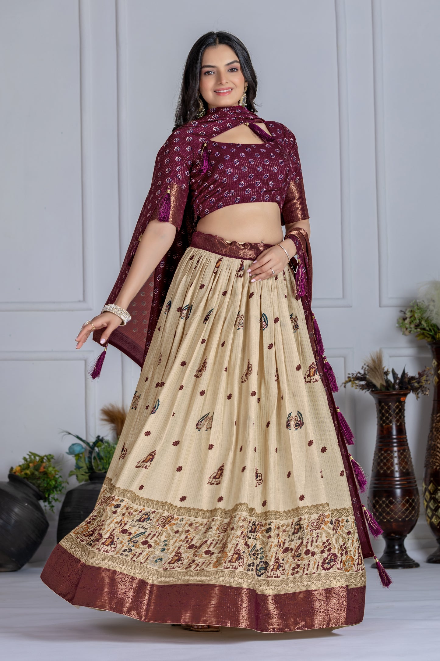 Premium Lichi Silk Jacquard Lehenga Set – Heavy Flair | Designer Blouse & Dupatta |