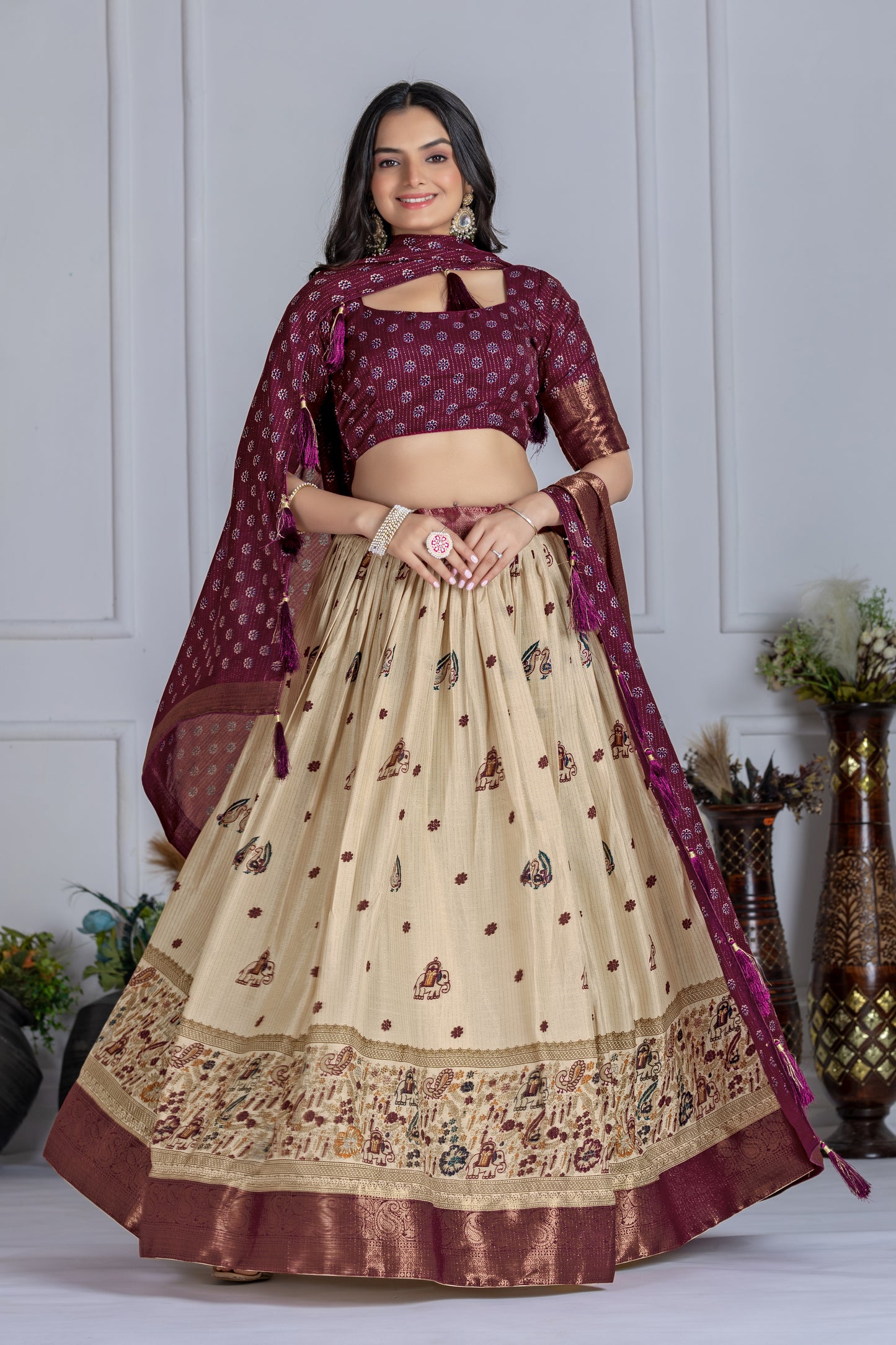 Premium Lichi Silk Jacquard Lehenga Set – Heavy Flair | Designer Blouse & Dupatta |