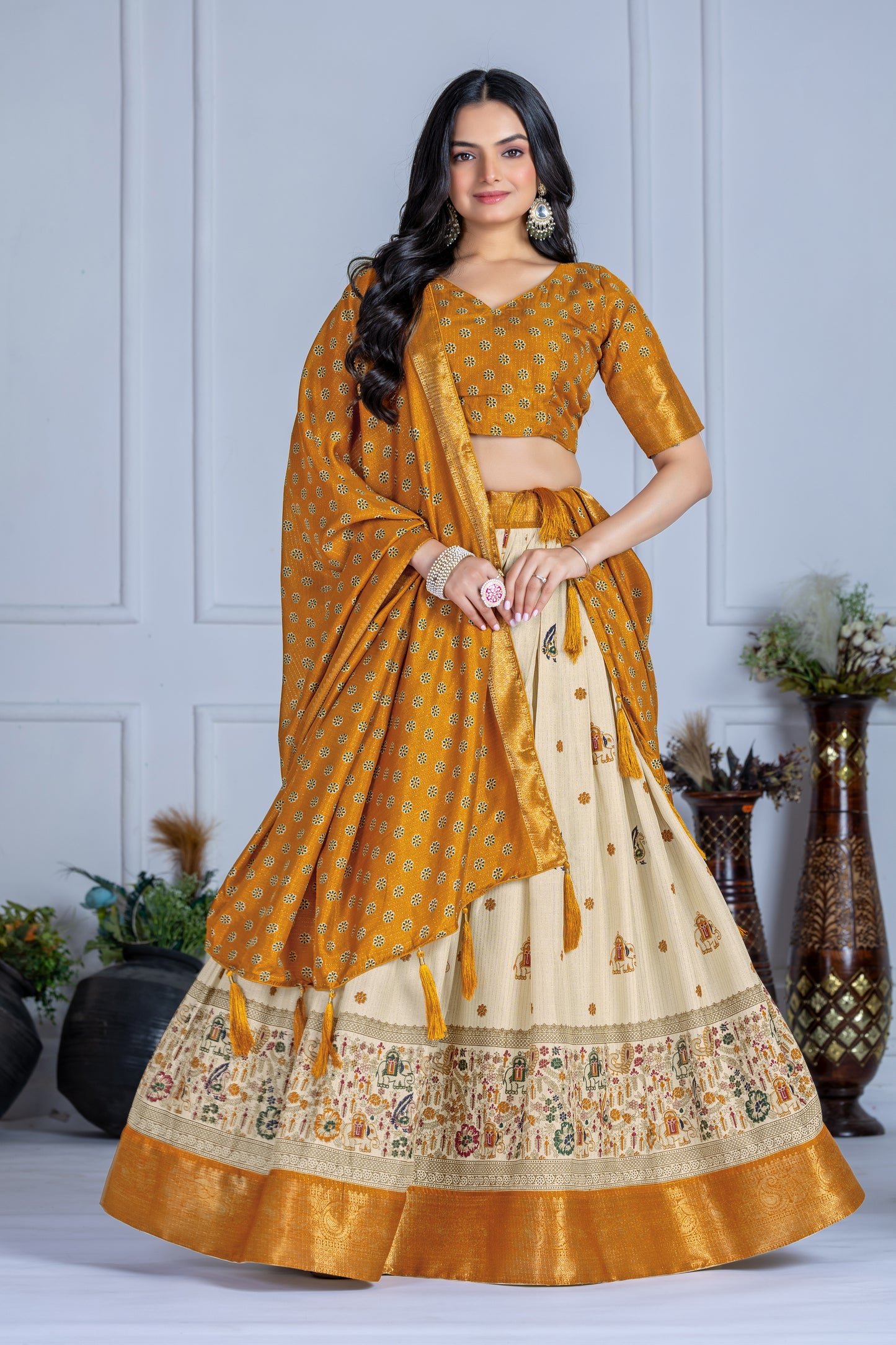 Premium Lichi Silk Jacquard Lehenga Set – Heavy Flair | Designer Blouse & Dupatta |