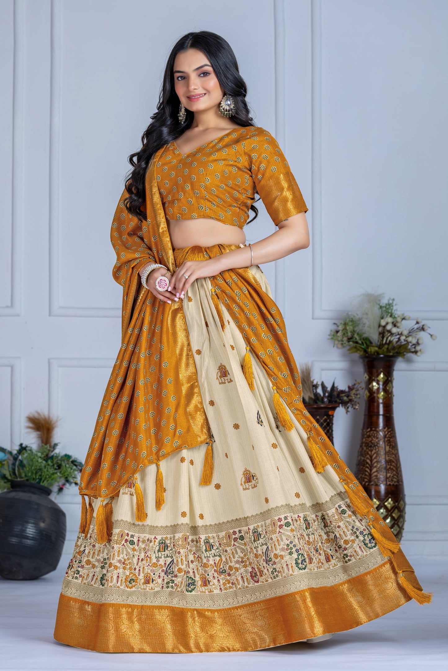 Premium Lichi Silk Jacquard Lehenga Set – Heavy Flair | Designer Blouse & Dupatta |