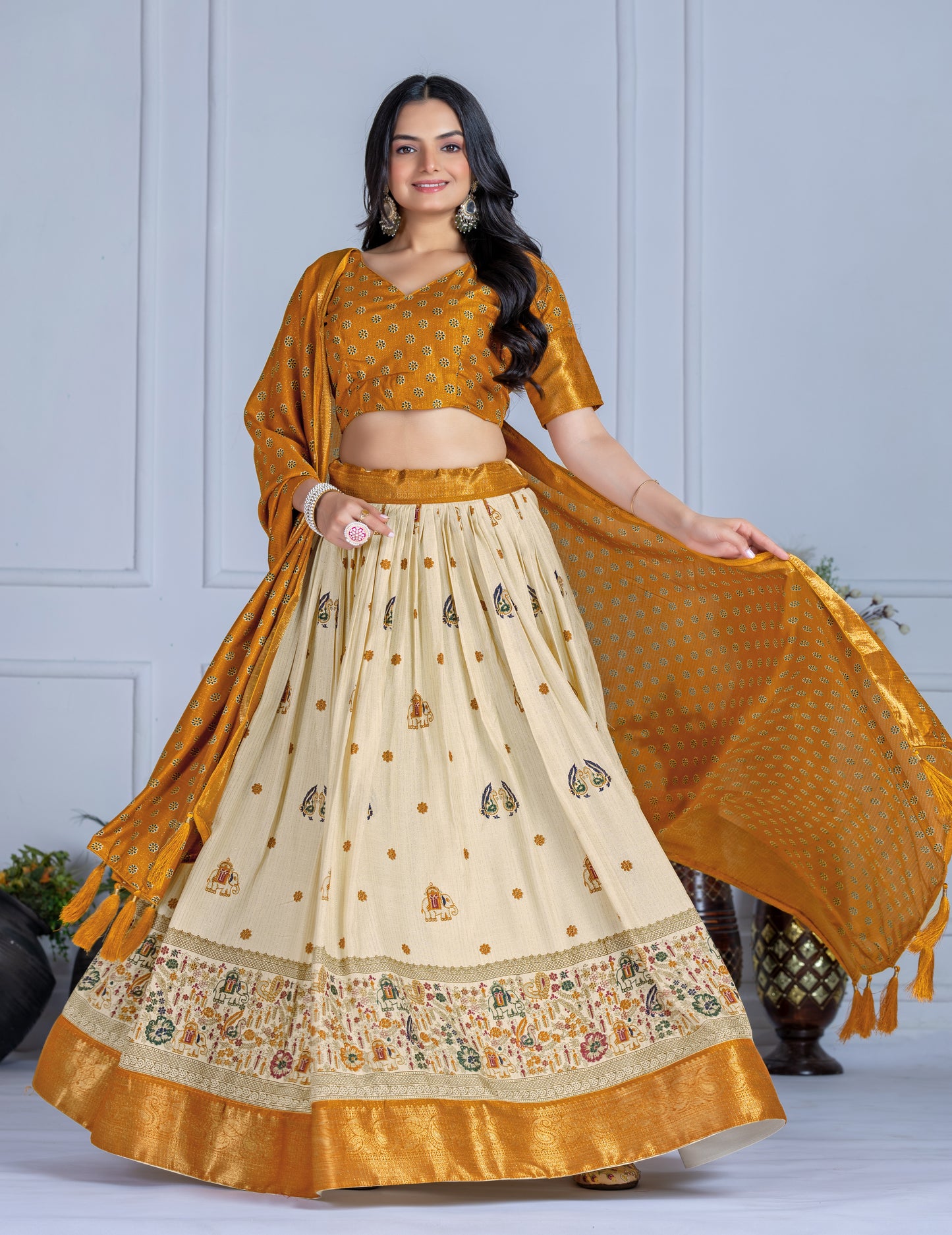 Premium Lichi Silk Jacquard Lehenga Set – Heavy Flair | Designer Blouse & Dupatta |