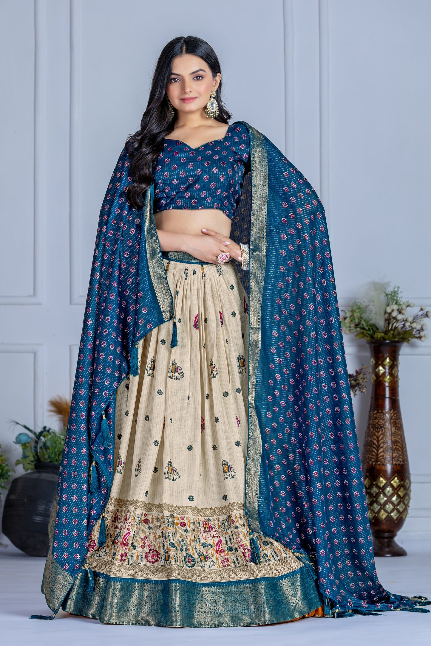 Premium Lichi Silk Jacquard Lehenga Set – Heavy Flair | Designer Blouse & Dupatta |
