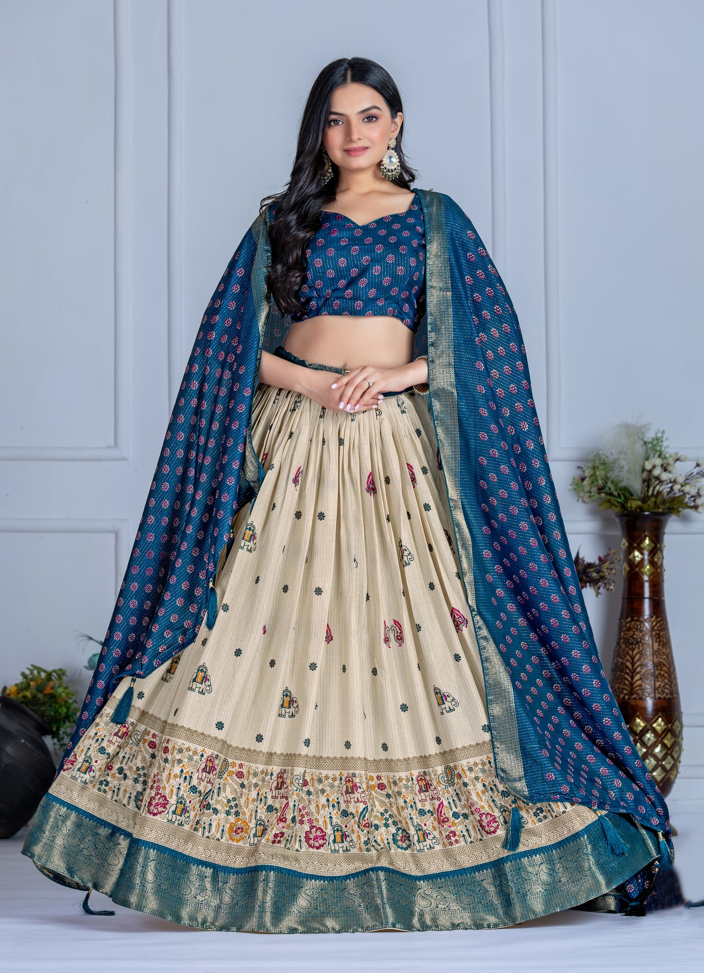 Premium Lichi Silk Jacquard Lehenga Set – Heavy Flair | Designer Blouse & Dupatta |