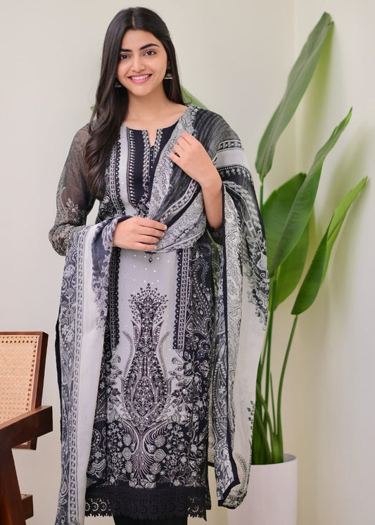 Women’s Black Printed Straight Kurti With Dupatta & Pant Set