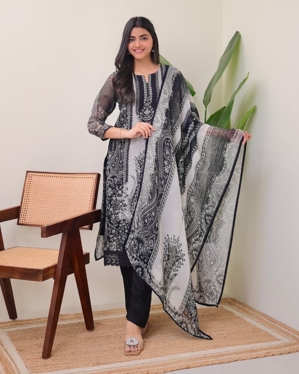 Women’s Black Printed Straight Kurti With Dupatta & Pant Set