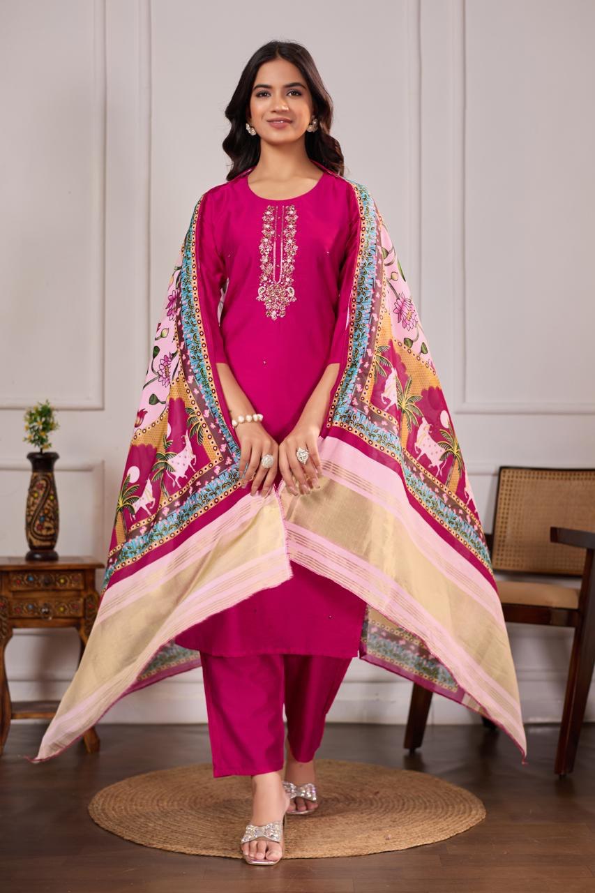 Pichwai Print Chanderi Silk Suit Set – Fuchsia Color | Hand Embroidered Kurti With Art Silk Dupatta