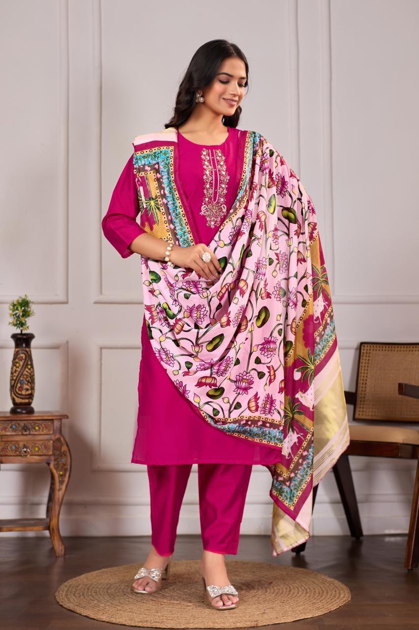 Pichwai Print Chanderi Silk Suit Set – Fuchsia Color | Hand Embroidered Kurti With Art Silk Dupatta