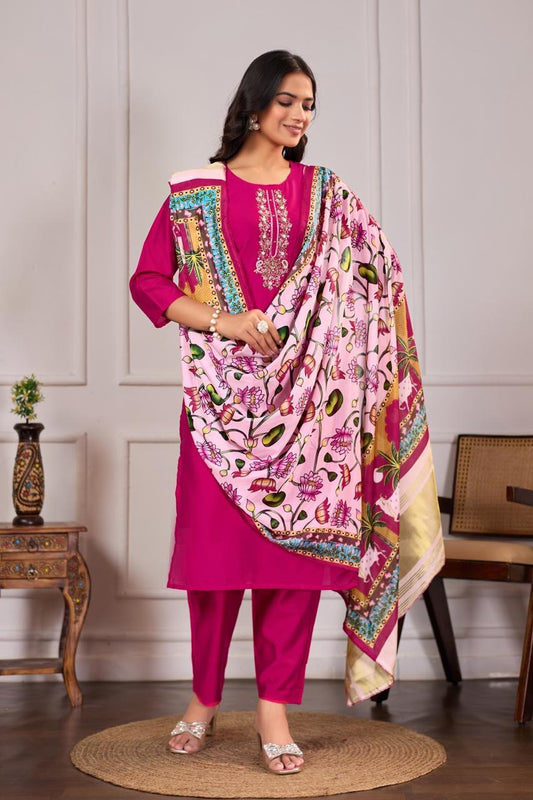 Pichwai Print Chanderi Silk Suit Set – Fuchsia Color | Hand Embroidered Kurti With Art Silk Dupatta