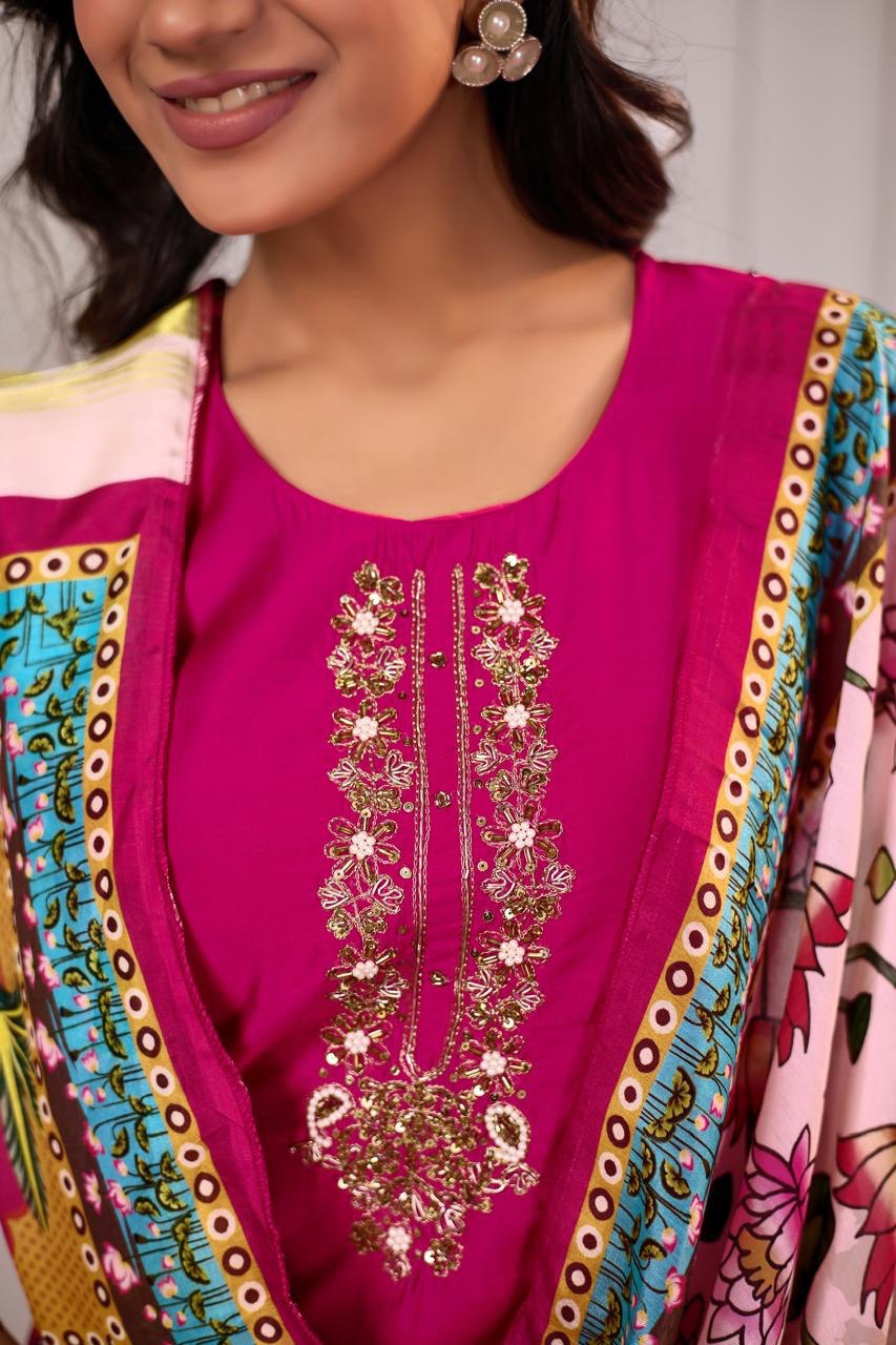 Pichwai Print Chanderi Silk Suit Set – Fuchsia Color | Hand Embroidered Kurti With Art Silk Dupatta
