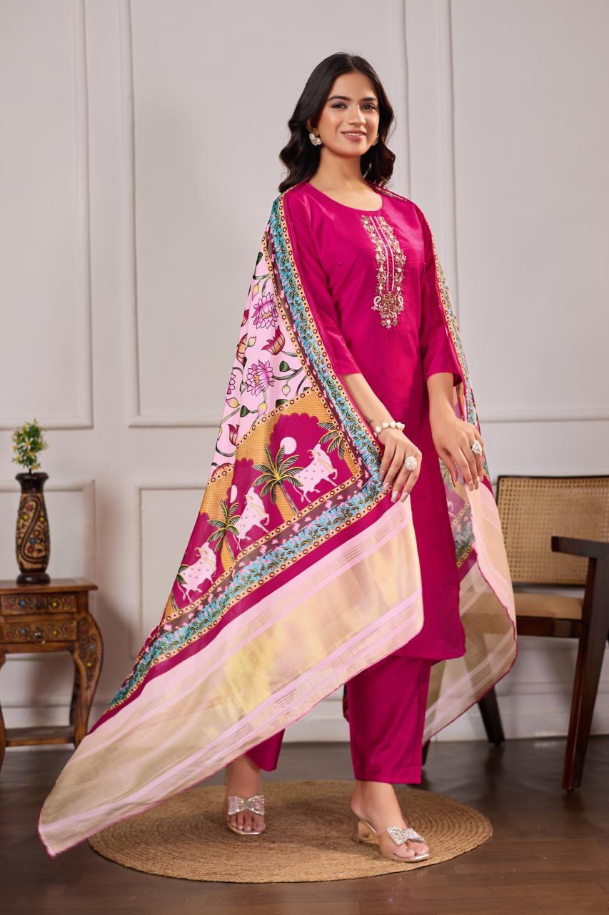 Pichwai Print Chanderi Silk Suit Set – Fuchsia Color | Hand Embroidered Kurti With Art Silk Dupatta