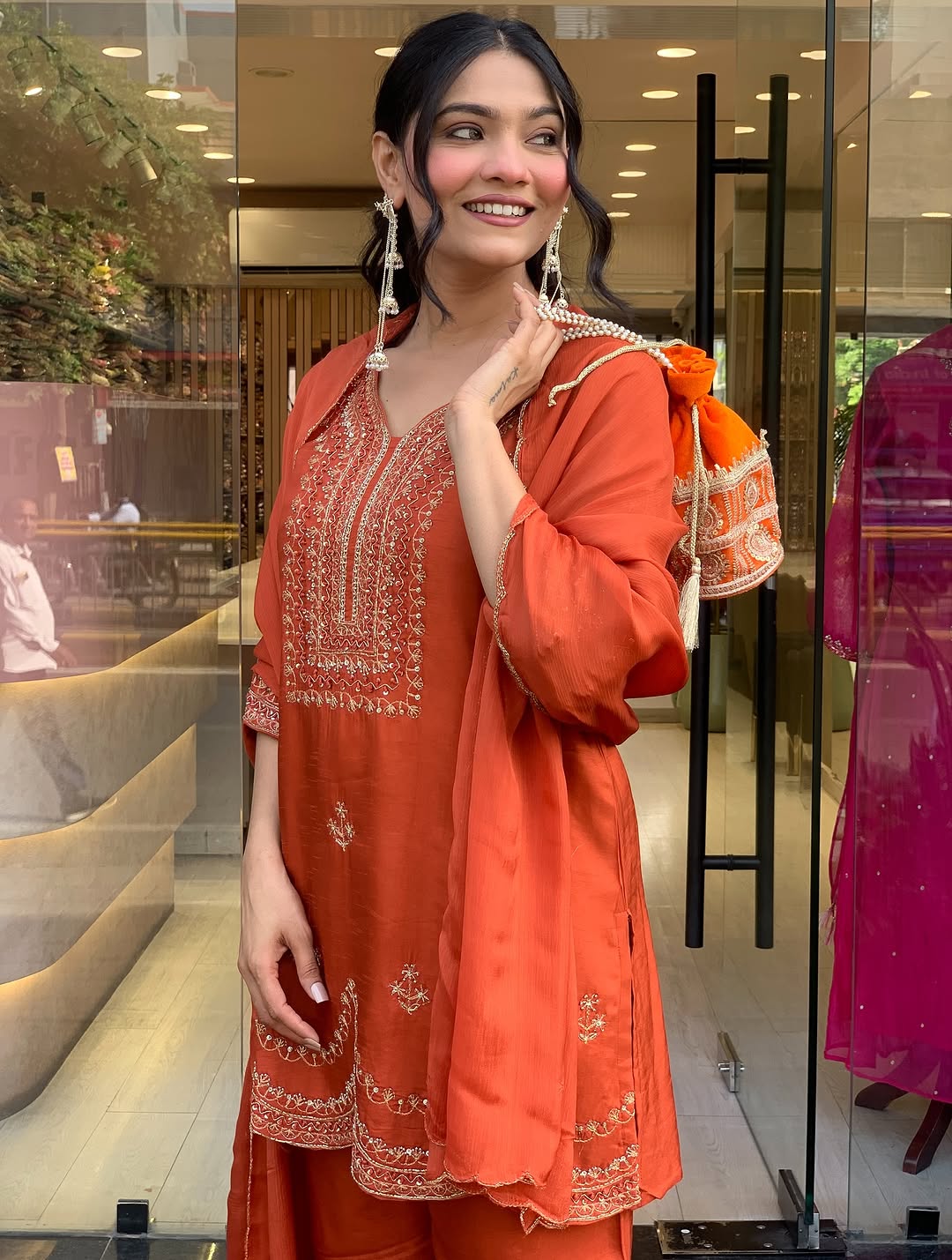 Premium Roman Silk Embroidered Kurti & Pant Set (With Chanderi Dupatta)