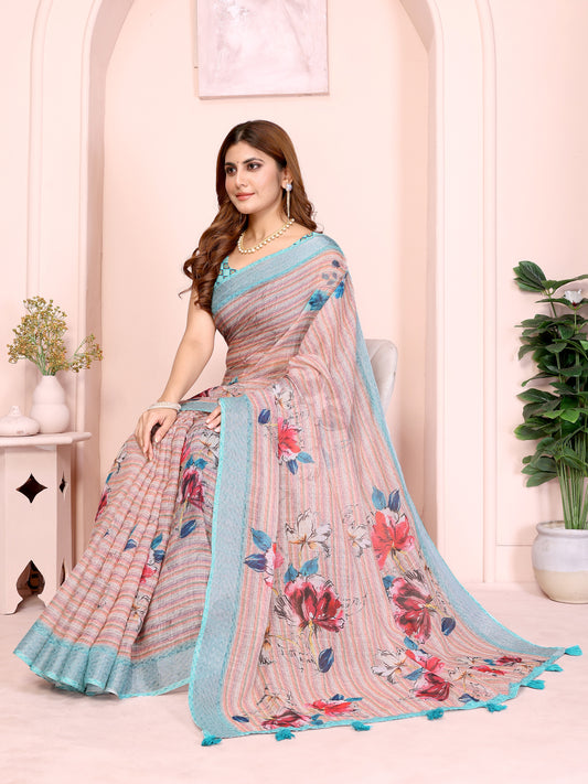 Elegant Linen Cotton Floral Print Saree with Aqua Blue Border & Tassels